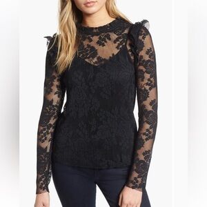 Chelsea28 Black Lace Long-Sleeve Ruffle Trim Top